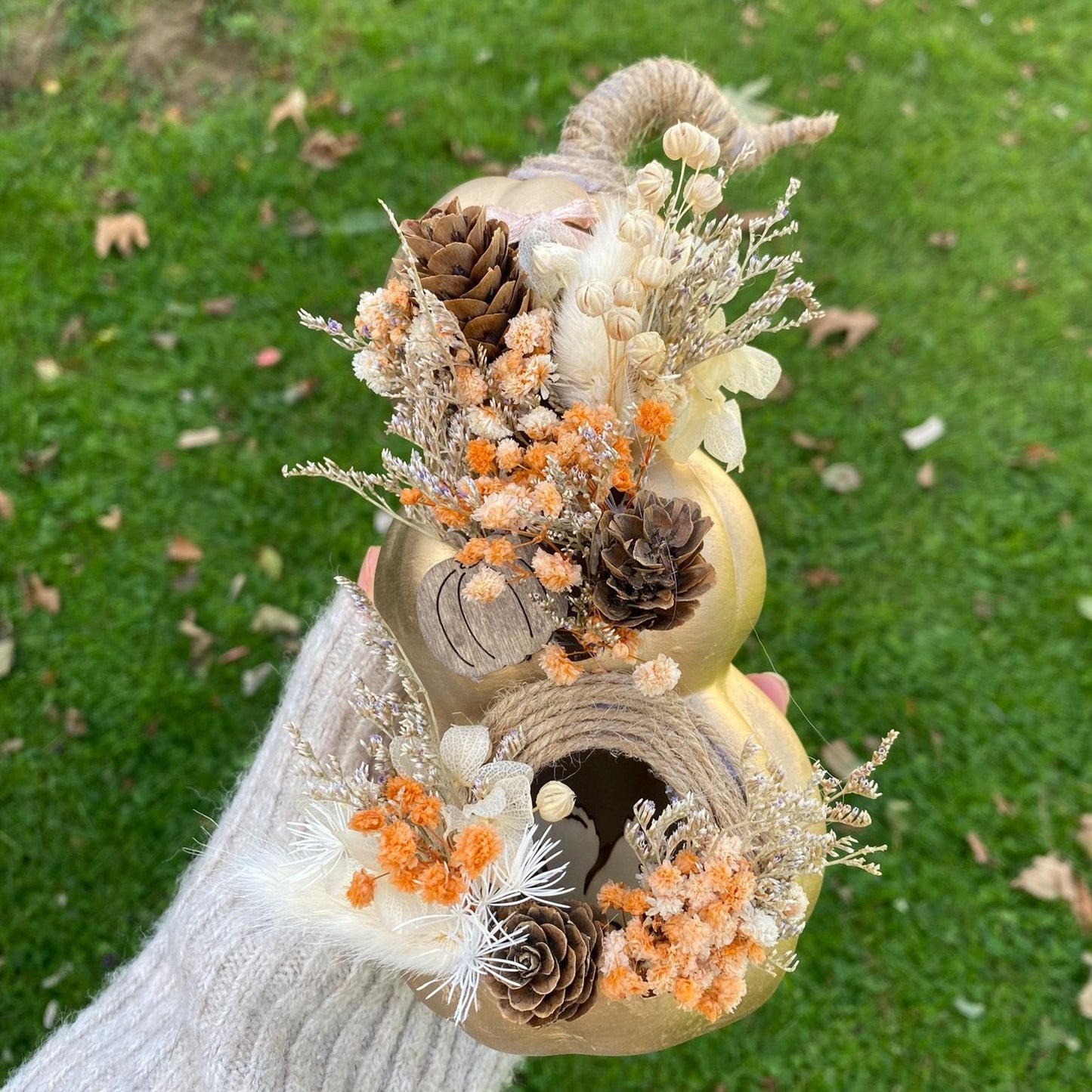 Citrouille décorative lumineuse d'automne avec fleurs séchées